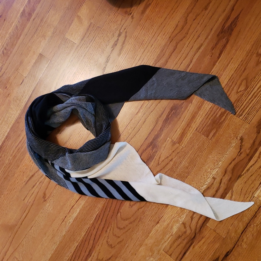 J. Jill Assymetric Striped Knit Scarf - Black, Gray, Light Blue & Cream - OS